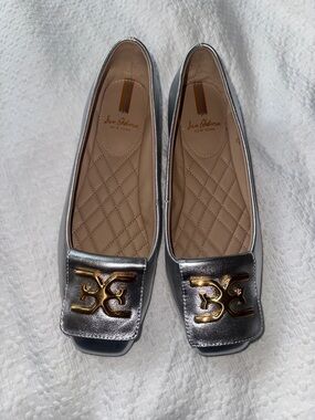 Sam Edelman Silver Leather Ballet Flats with Gold Logo